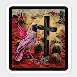 watercolor pink crow beside cross Sticker